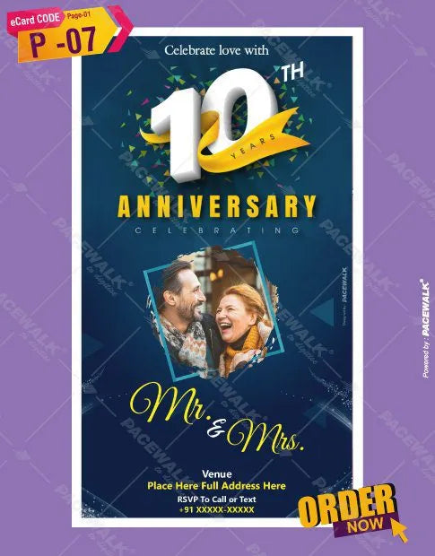 10th Wedding Anniversary Invitation eCard | Elegant Blue & Gold Theme | P-07